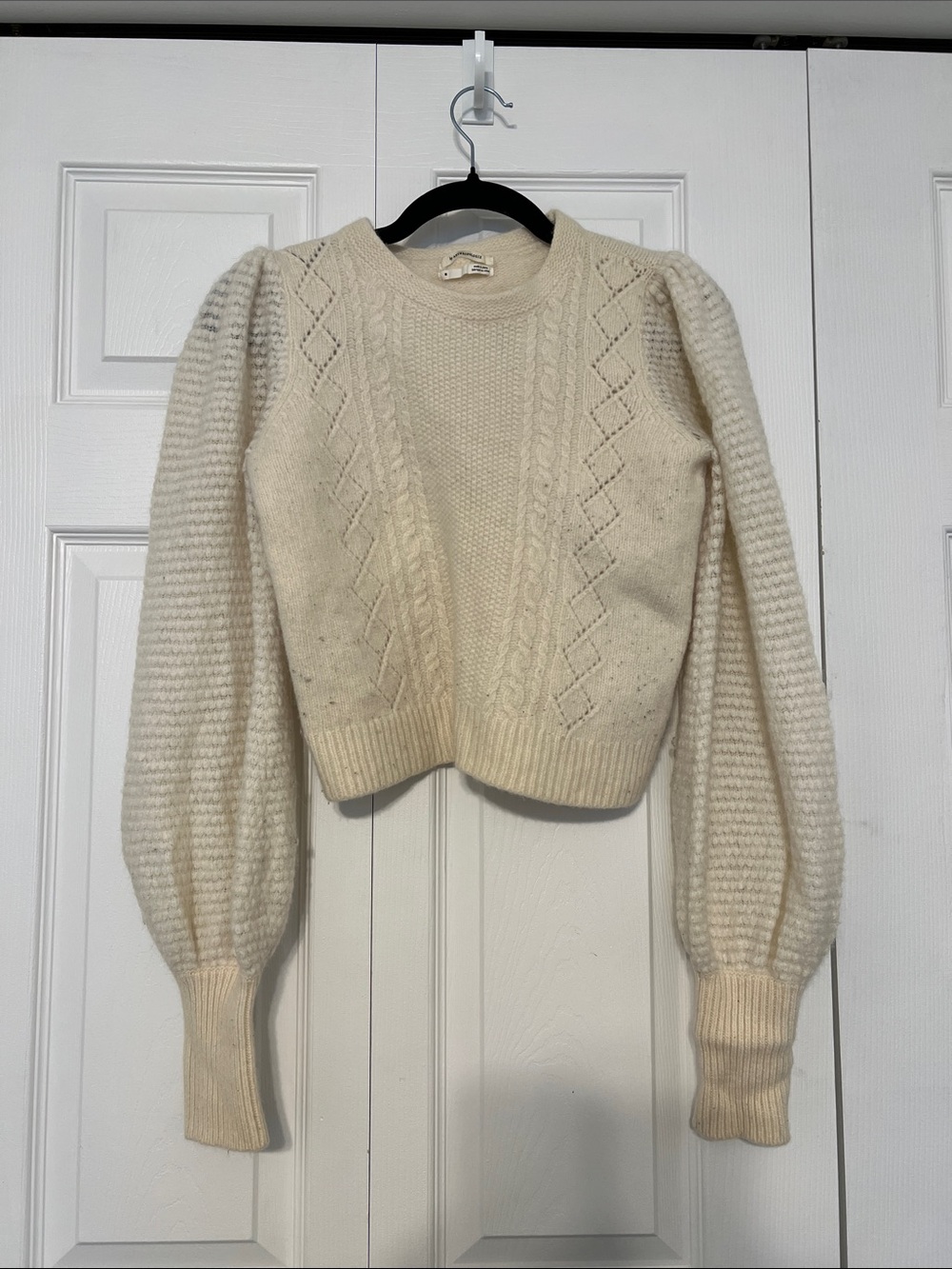 Anthropologie Cream Cable-Knit Balloon Sleeve Sweater